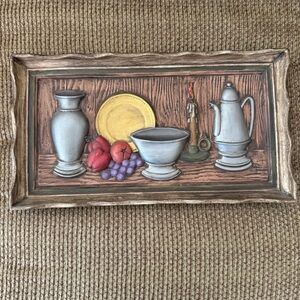 Vintage hand made wall plaque Rustic Wall Art with Fruit and Pottery Signed